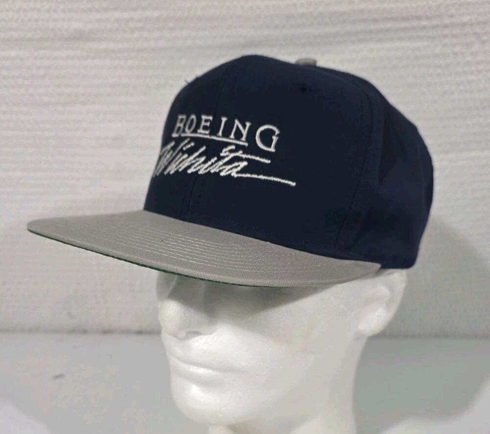 Vintage Boeing Wichita Aircraft Snapback Hat Script Navy Gray Cap